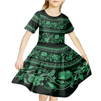 Azerbaijan Kid Short Sleeve Dress Traditional Pattern Ornament With Flowers Buta Green - Wonder Print Shop