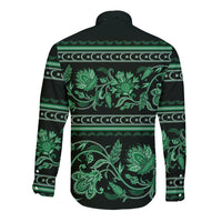Azerbaijan Long Sleeve Button Shirt Traditional Pattern Ornament With Flowers Buta Green - Wonder Print Shop