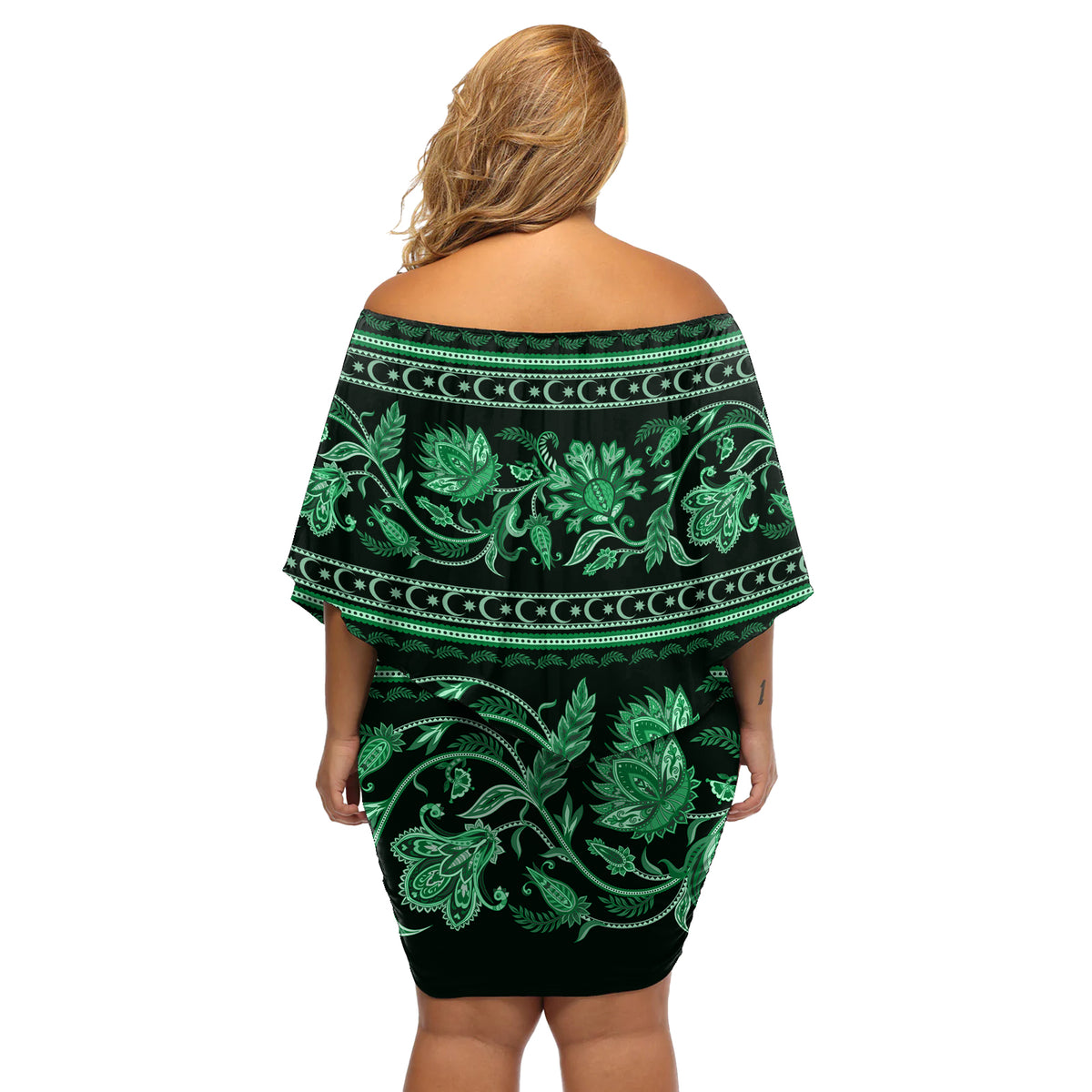 Azerbaijan Off Shoulder Short Dress Traditional Pattern Ornament With Flowers Buta Green - Wonder Print Shop