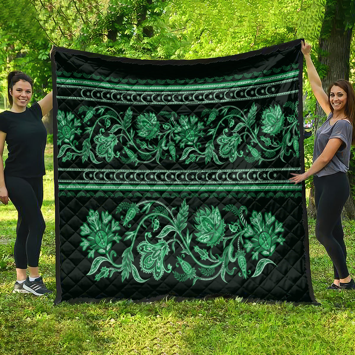 Azerbaijan Quilt Traditional Pattern Ornament With Flowers Buta Green - Wonder Print Shop