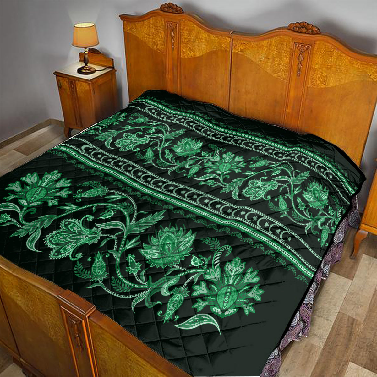 Azerbaijan Quilt Traditional Pattern Ornament With Flowers Buta Green - Wonder Print Shop
