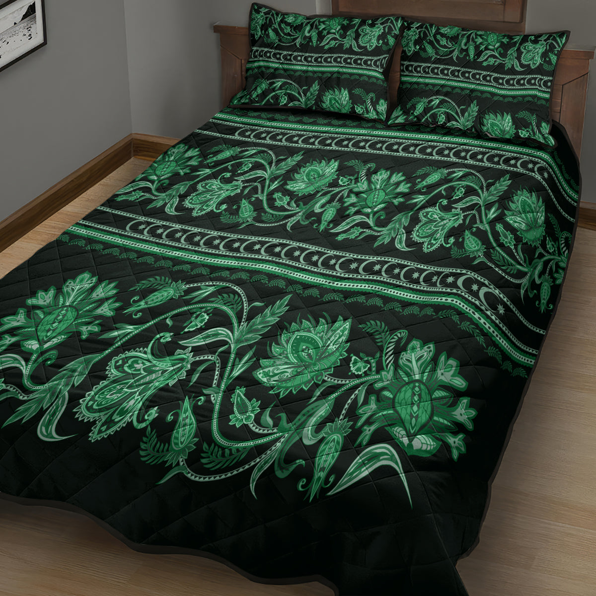 Azerbaijan Quilt Bed Set Traditional Pattern Ornament With Flowers Buta Green - Wonder Print Shop