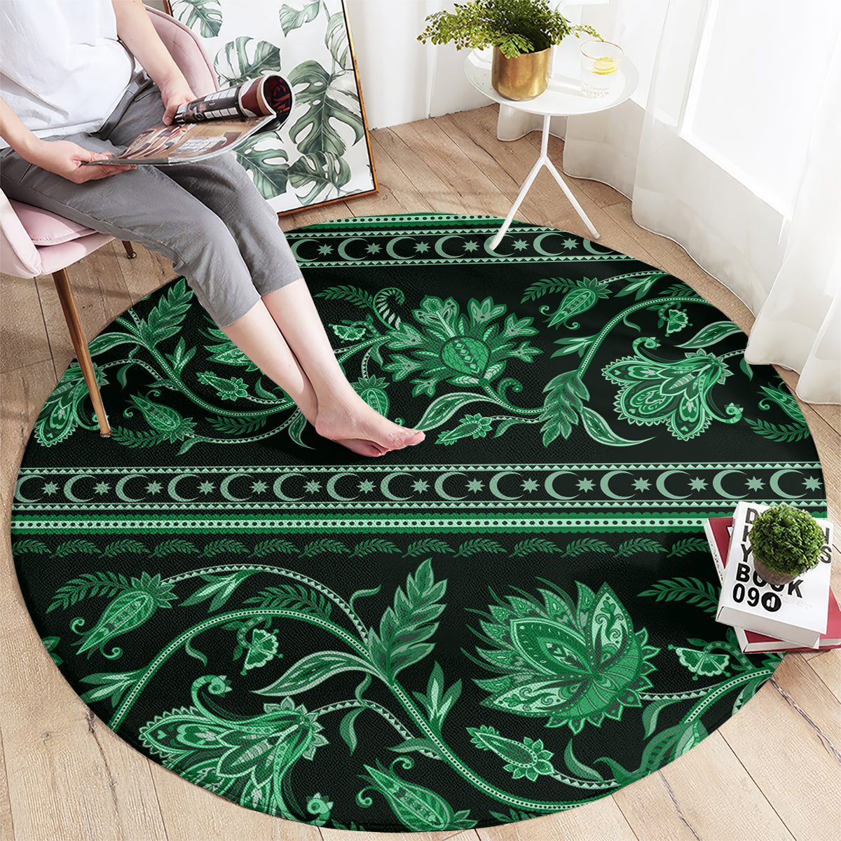 azerbaijan-round-carpet-traditional-pattern-ornament-with-flowers-buta-green