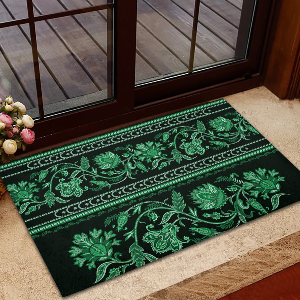 Azerbaijan Rubber Doormat Traditional Pattern Ornament With Flowers Buta Green - Wonder Print Shop