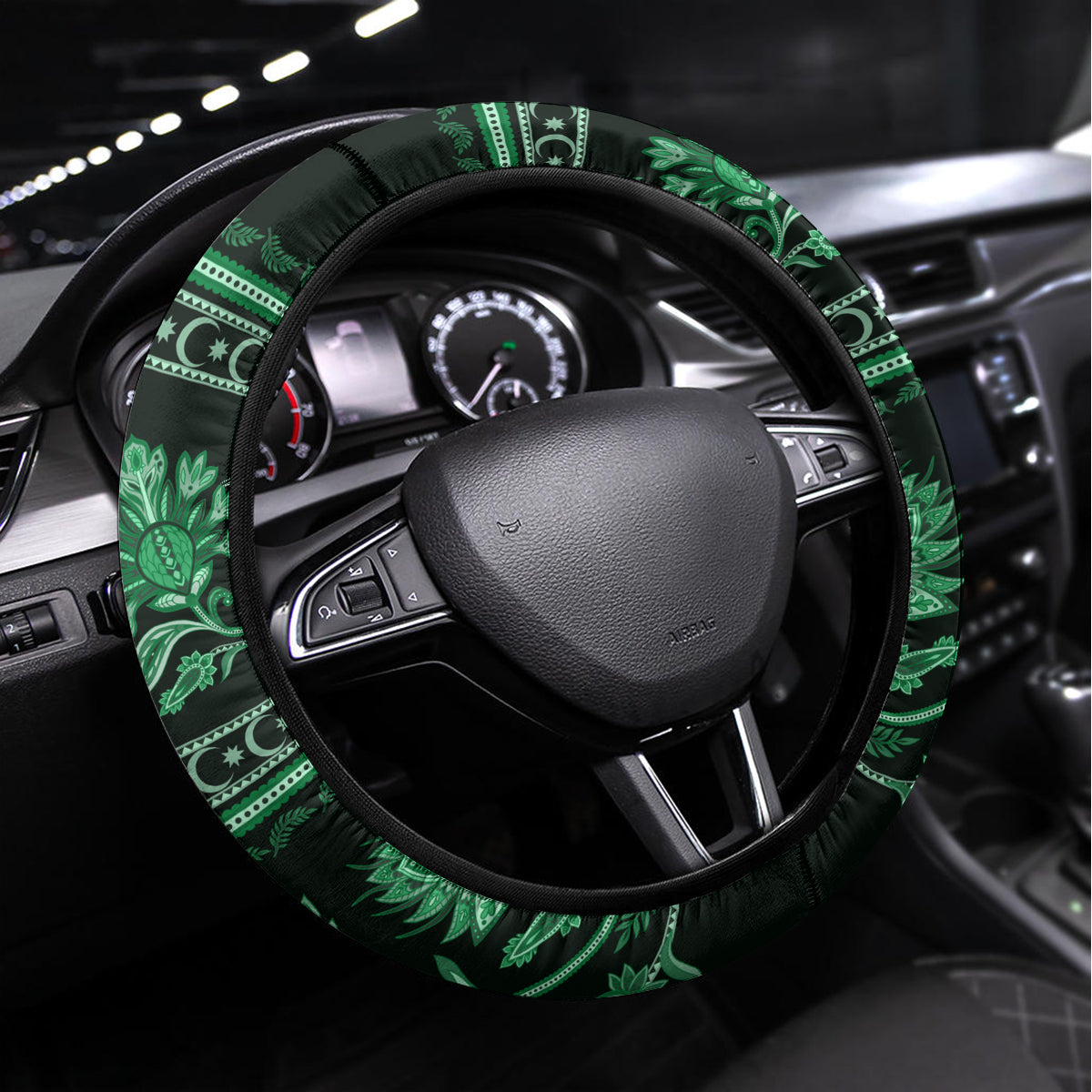 Azerbaijan Steering Wheel Cover Traditional Pattern Ornament With Flowers Buta Green - Wonder Print Shop