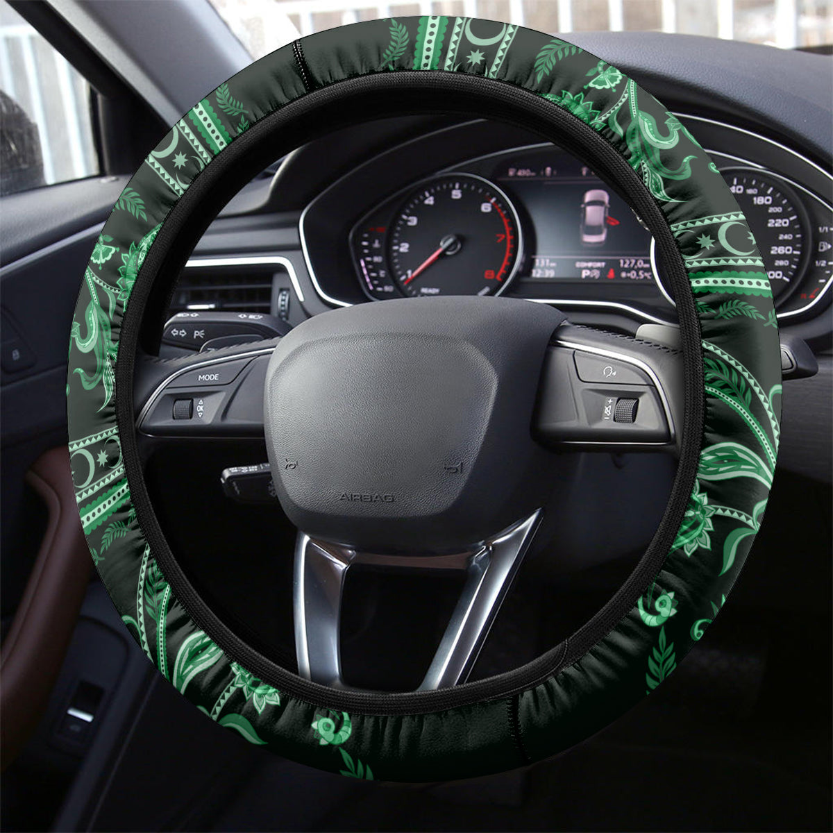Azerbaijan Steering Wheel Cover Traditional Pattern Ornament With Flowers Buta Green - Wonder Print Shop