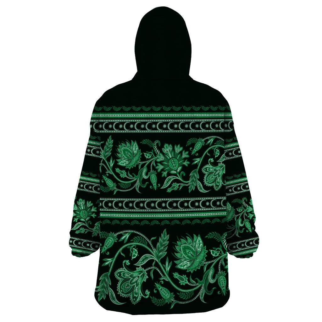 Azerbaijan Wearable Blanket Hoodie Traditional Pattern Ornament With Flowers Buta Green - Wonder Print Shop