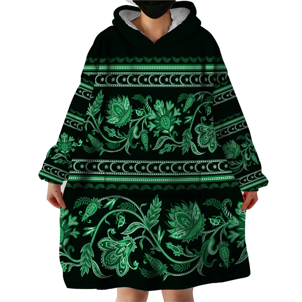 Azerbaijan Wearable Blanket Hoodie Traditional Pattern Ornament With Flowers Buta Green - Wonder Print Shop