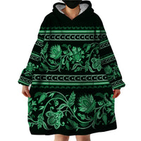 Azerbaijan Wearable Blanket Hoodie Traditional Pattern Ornament With Flowers Buta Green - Wonder Print Shop
