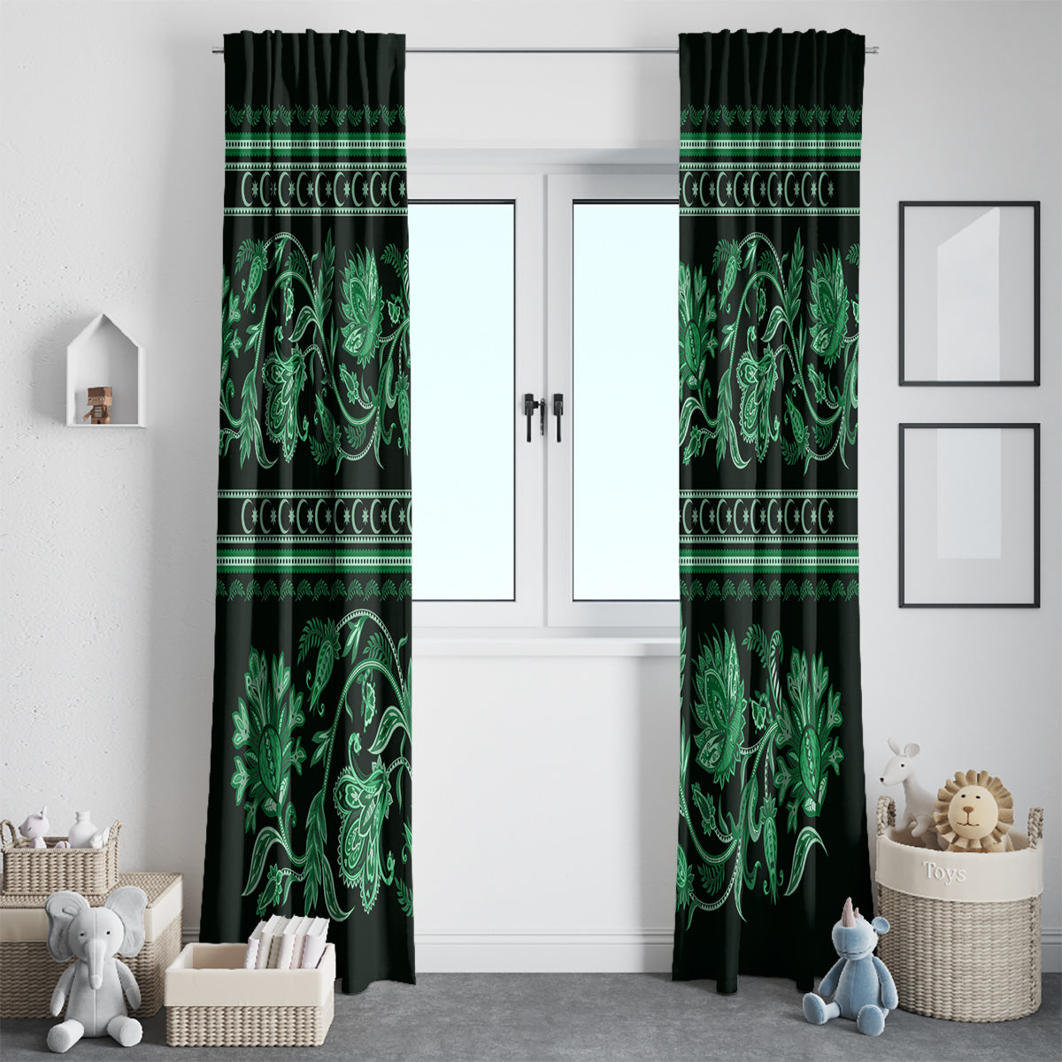 Azerbaijan Window Curtain Traditional Pattern Ornament With Flowers Buta Green - Wonder Print Shop