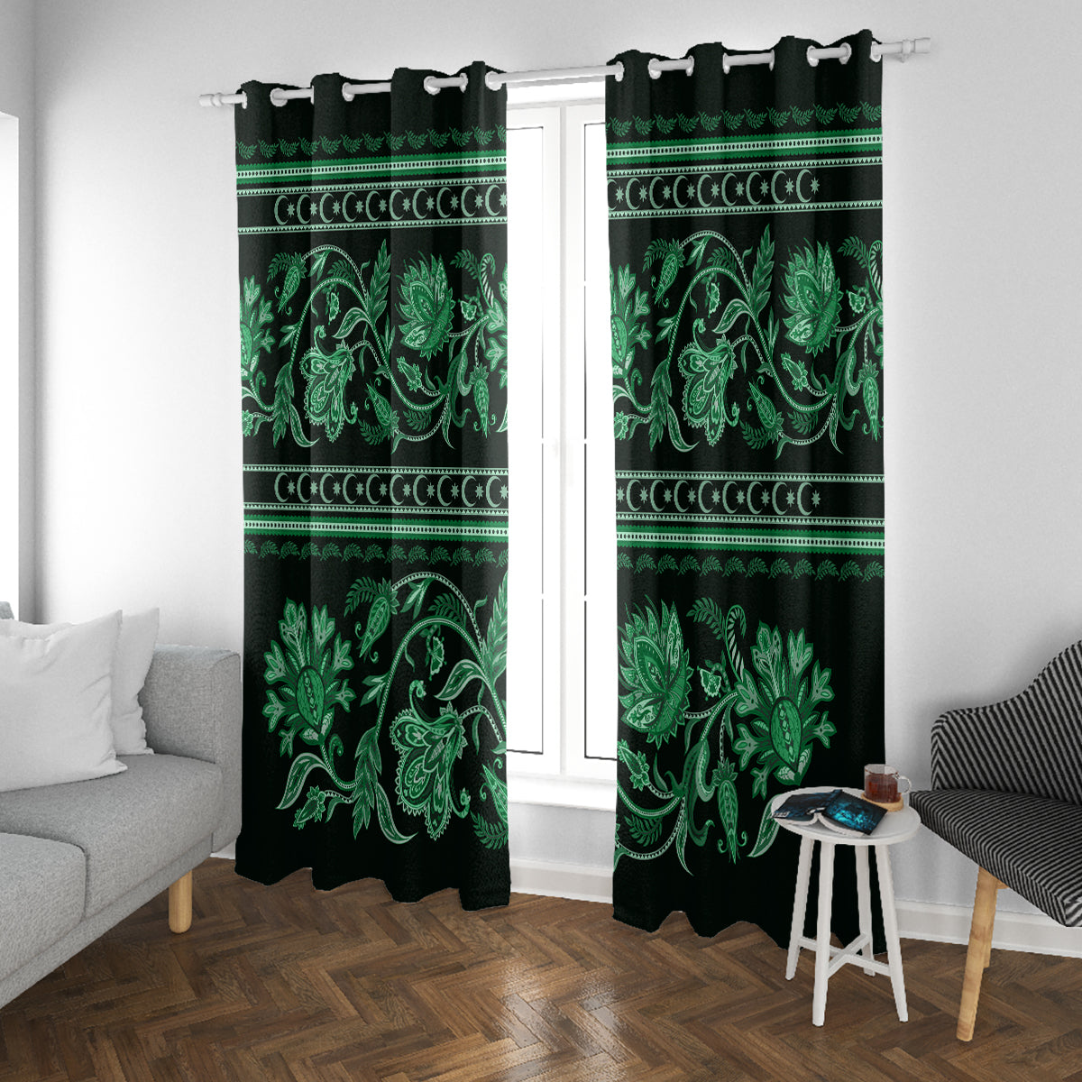 Azerbaijan Window Curtain Traditional Pattern Ornament With Flowers Buta Green - Wonder Print Shop