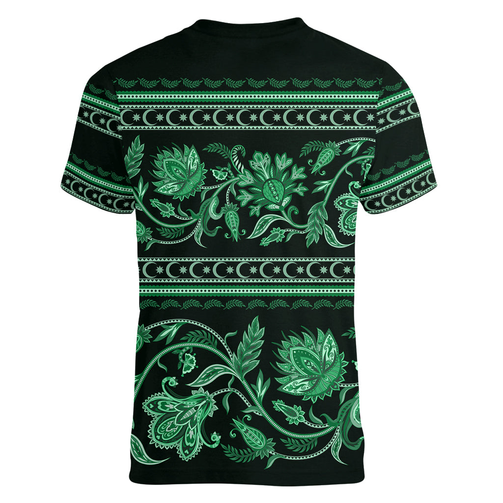 Azerbaijan Women V Neck T Shirt Traditional Pattern Ornament With Flowers Buta Green - Wonder Print Shop