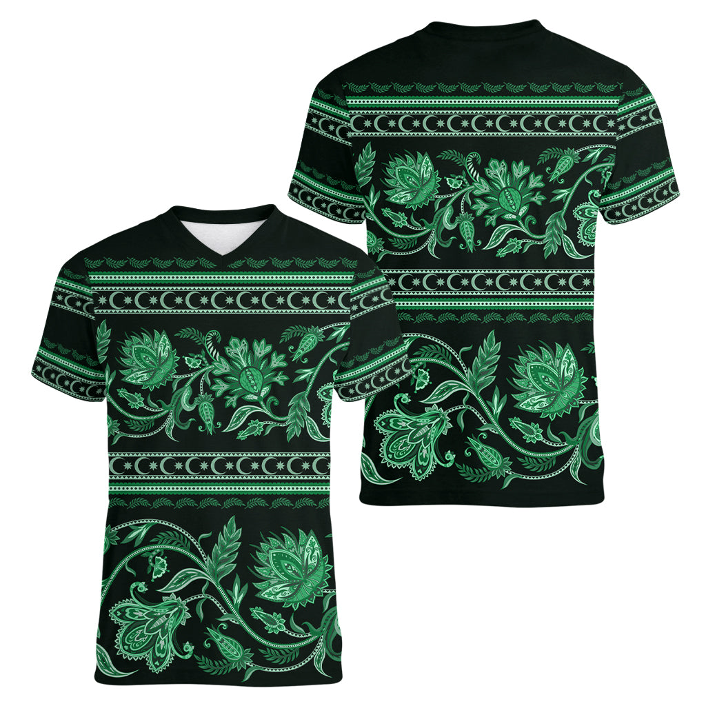 Azerbaijan Women V Neck T Shirt Traditional Pattern Ornament With Flowers Buta Green - Wonder Print Shop