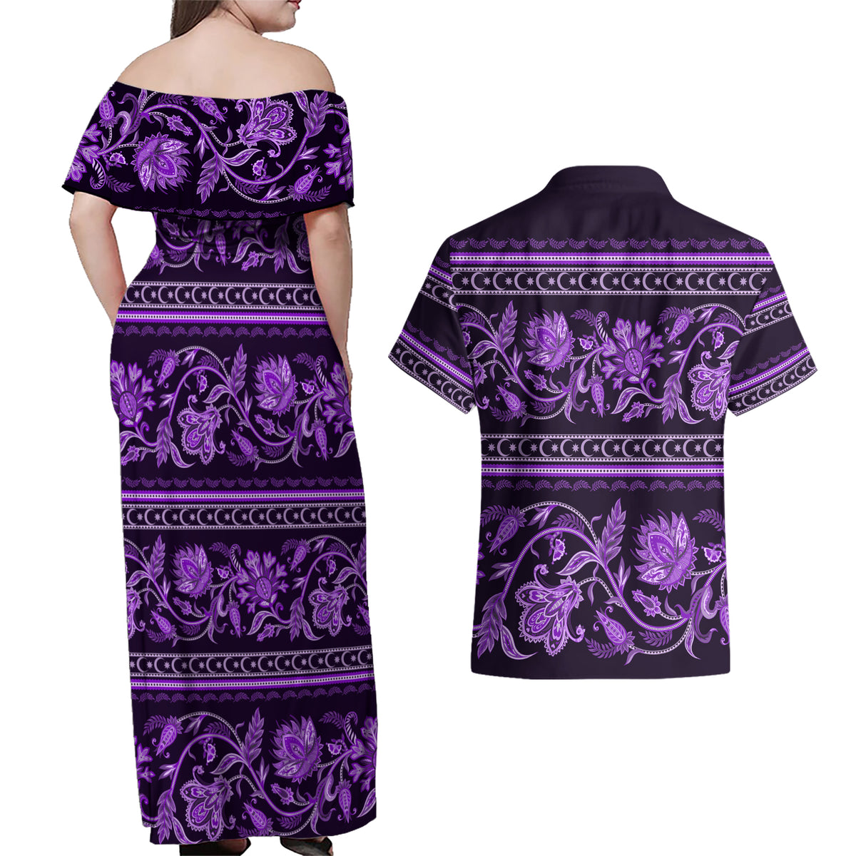 Azerbaijan Couples Matching Off Shoulder Maxi Dress and Hawaiian Shirt Traditional Pattern Ornament With Flowers Buta Violet LT9 - Wonder Print Shop