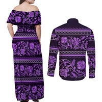 Azerbaijan Couples Matching Off Shoulder Maxi Dress and Long Sleeve Button Shirts Traditional Pattern Ornament With Flowers Buta Violet LT9 - Wonder Print Shop