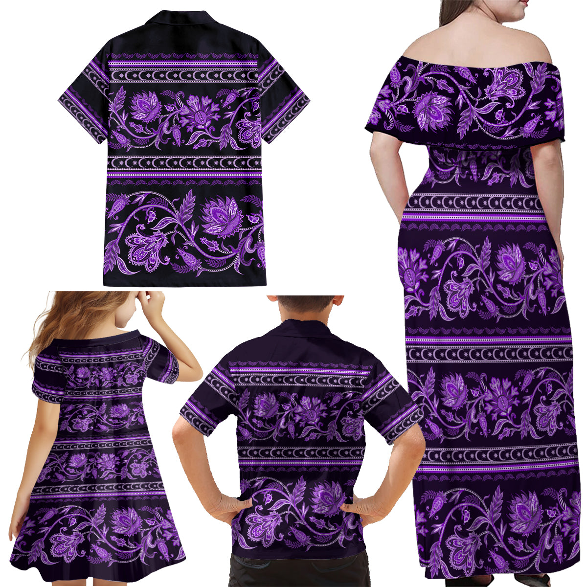 Azerbaijan Family Matching Off Shoulder Maxi Dress and Hawaiian Shirt Traditional Pattern Ornament With Flowers Buta Violet LT9 - Wonder Print Shop