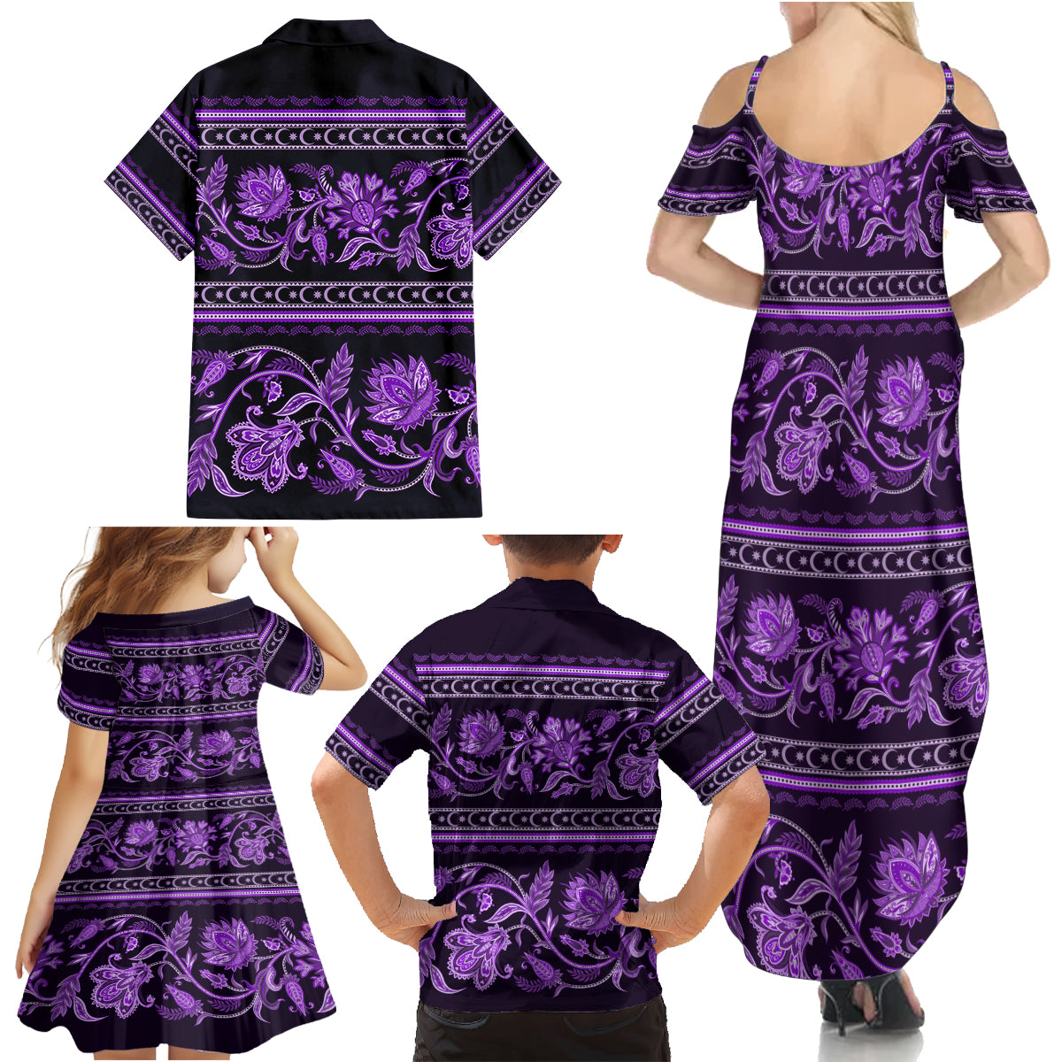 Azerbaijan Family Matching Summer Maxi Dress and Hawaiian Shirt Traditional Pattern Ornament With Flowers Buta Violet - Wonder Print Shop