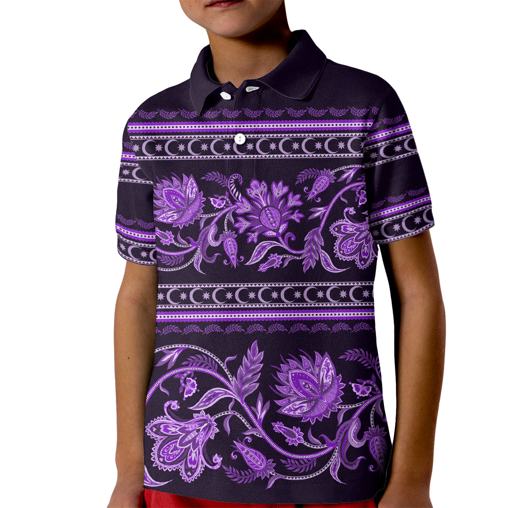 Azerbaijan Kid Polo Shirt Traditional Pattern Ornament With Flowers Buta Violet - Wonder Print Shop