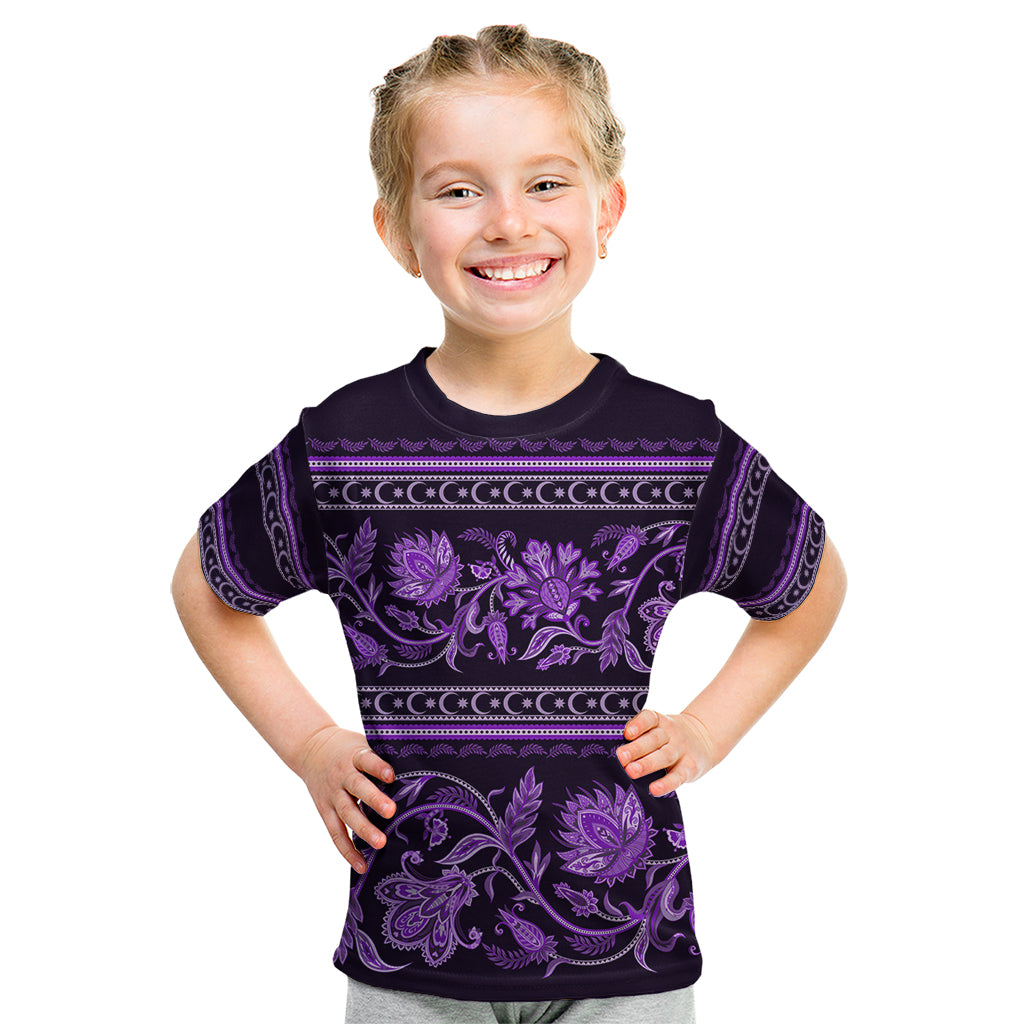 Azerbaijan Kid T Shirt Traditional Pattern Ornament With Flowers Buta Violet - Wonder Print Shop