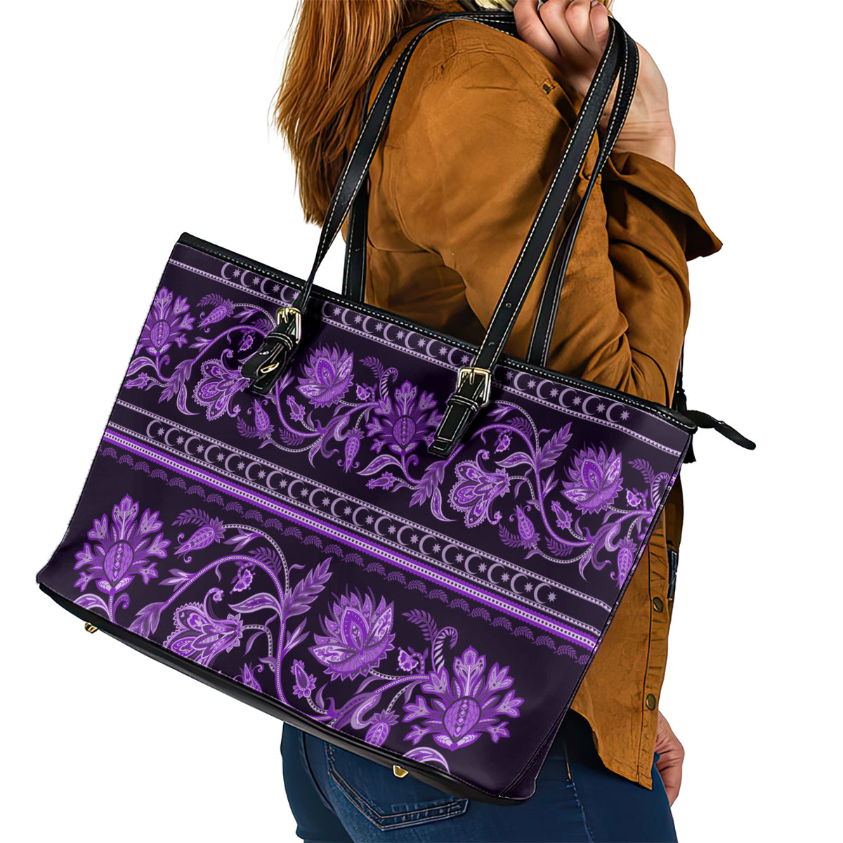 Azerbaijan Leather Tote Bag Traditional Pattern Ornament With Flowers Buta Violet - Wonder Print Shop