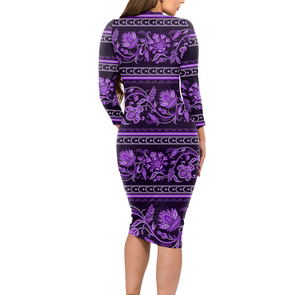 Azerbaijan Long Sleeve Bodycon Dress Traditional Pattern Ornament With Flowers Buta Violet - Wonder Print Shop