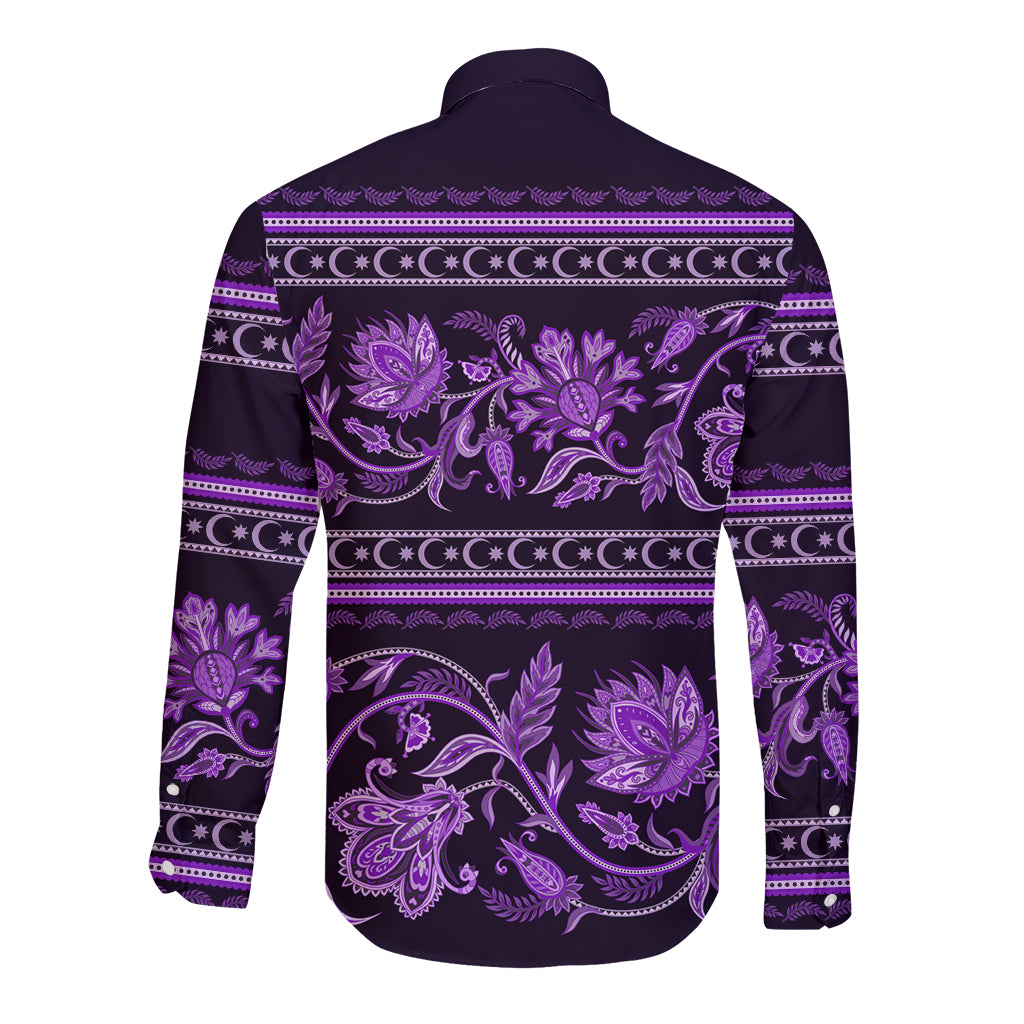 Azerbaijan Long Sleeve Button Shirt Traditional Pattern Ornament With Flowers Buta Violet - Wonder Print Shop