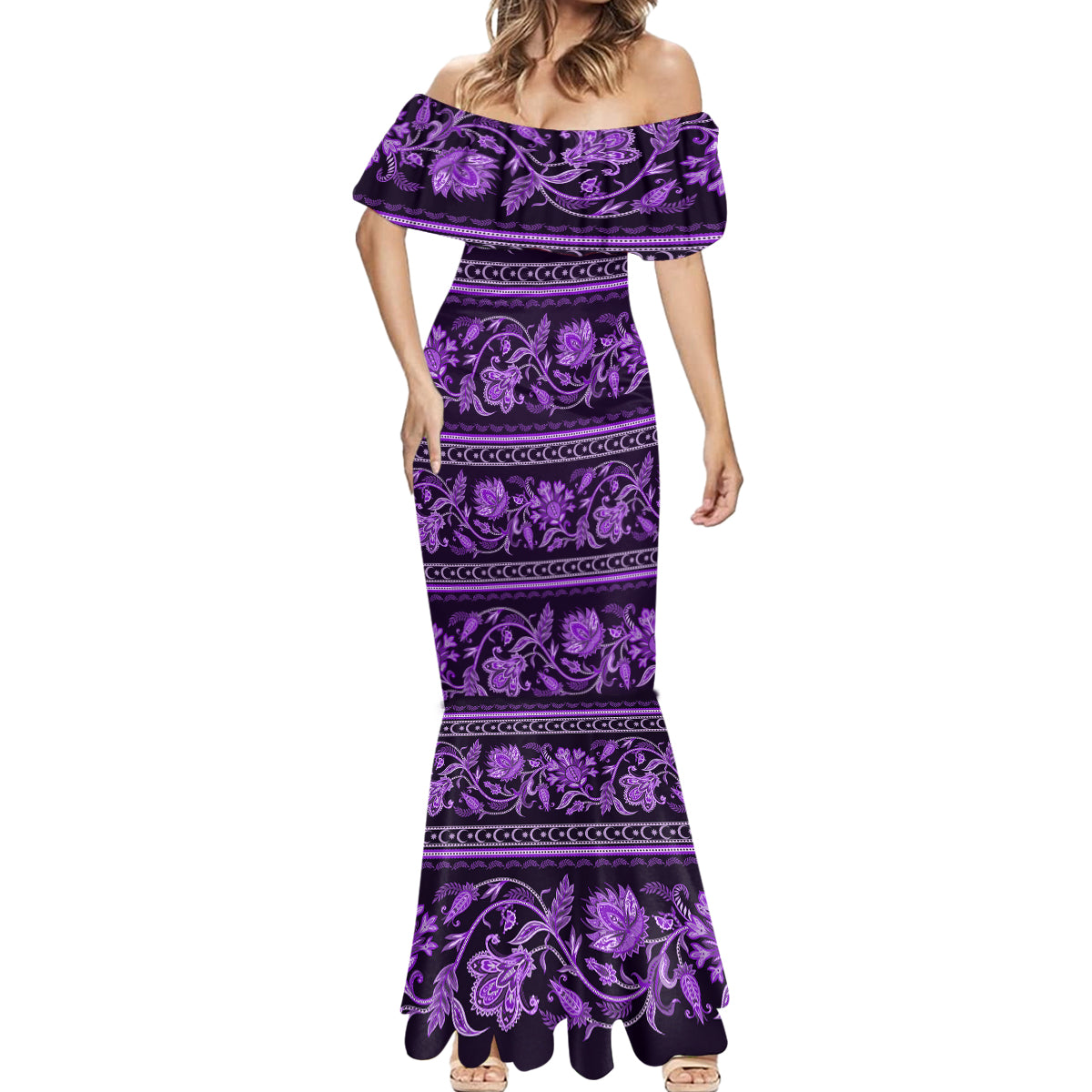 Azerbaijan Mermaid Dress Traditional Pattern Ornament With Flowers Buta Violet - Wonder Print Shop