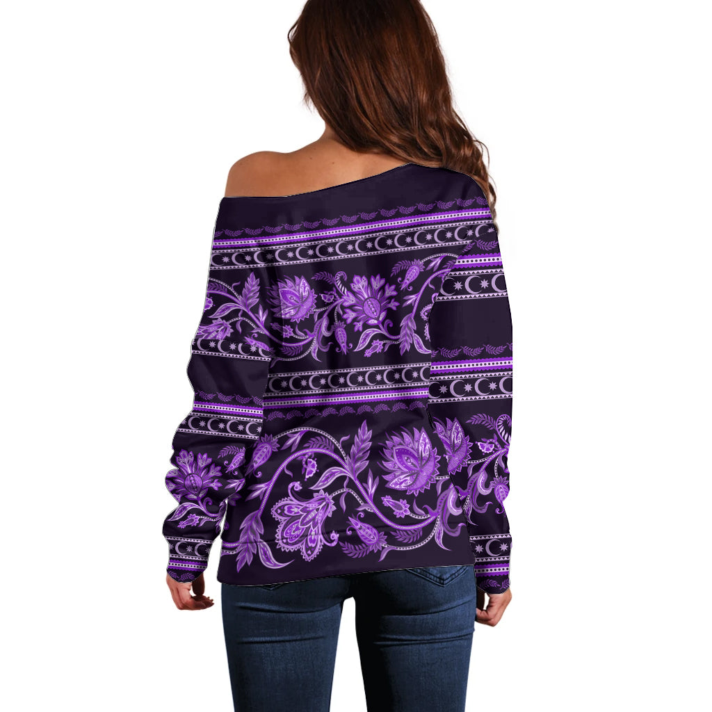 Azerbaijan Off Shoulder Sweater Traditional Pattern Ornament With Flowers Buta Violet - Wonder Print Shop