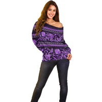 Azerbaijan Off Shoulder Sweater Traditional Pattern Ornament With Flowers Buta Violet - Wonder Print Shop