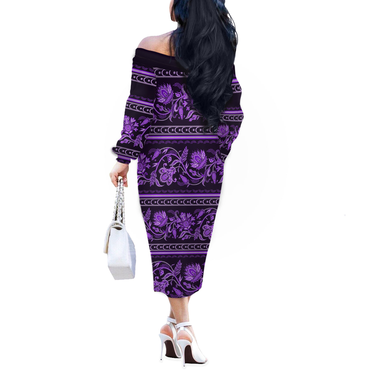 Azerbaijan Off The Shoulder Long Sleeve Dress Traditional Pattern Ornament With Flowers Buta Violet - Wonder Print Shop