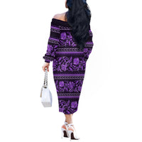 Azerbaijan Off The Shoulder Long Sleeve Dress Traditional Pattern Ornament With Flowers Buta Violet - Wonder Print Shop