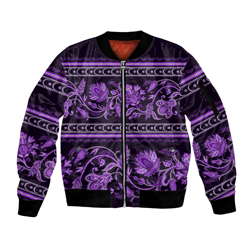 Azerbaijan Sleeve Zip Bomber Jacket Traditional Pattern Ornament With Flowers Buta Violet - Wonder Print Shop