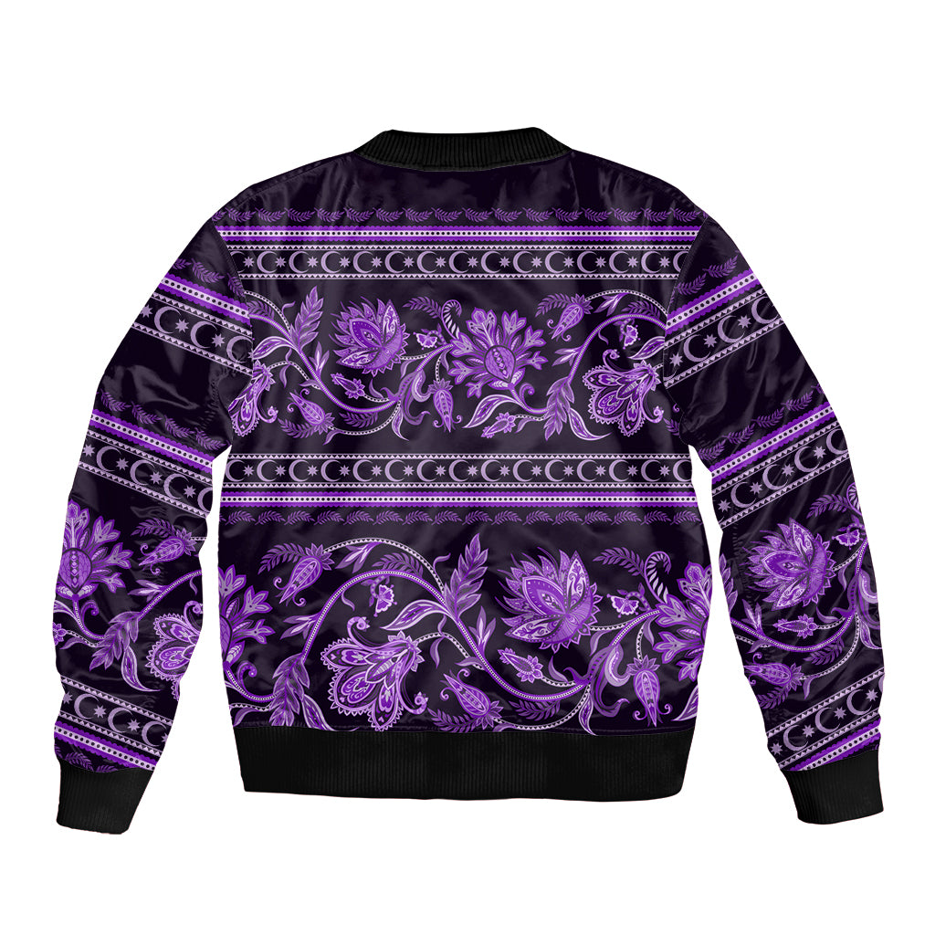 Azerbaijan Sleeve Zip Bomber Jacket Traditional Pattern Ornament With Flowers Buta Violet - Wonder Print Shop