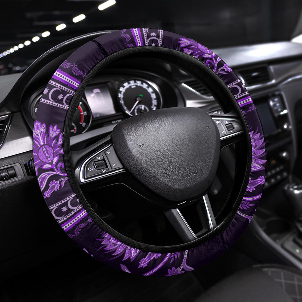 Azerbaijan Steering Wheel Cover Traditional Pattern Ornament With Flowers Buta Violet