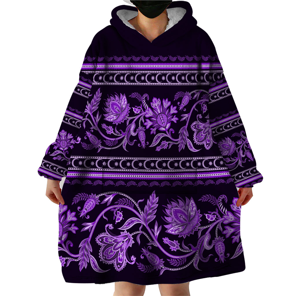 Azerbaijan Wearable Blanket Hoodie Traditional Pattern Ornament With Flowers Buta Violet - Wonder Print Shop