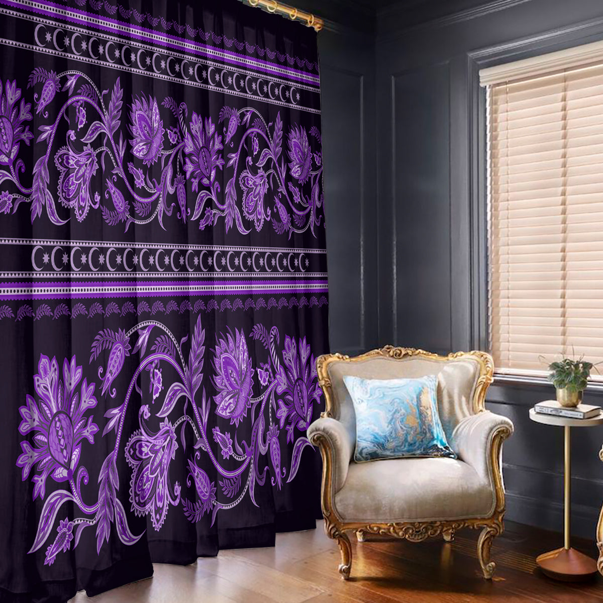 Azerbaijan Window Curtain Traditional Pattern Ornament With Flowers Buta Violet - Wonder Print Shop