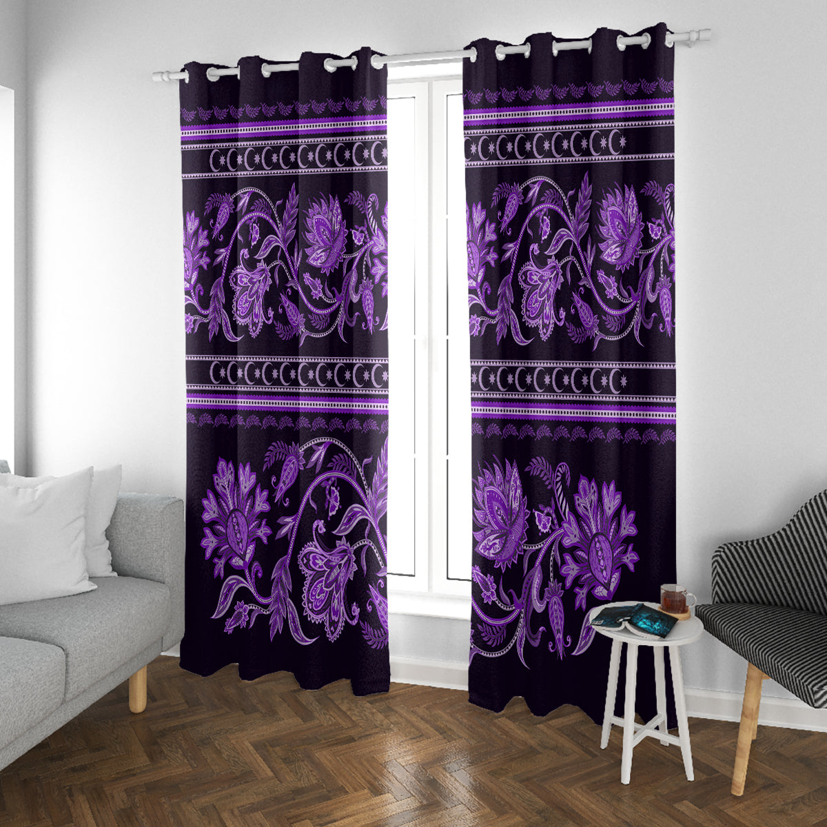 Azerbaijan Window Curtain Traditional Pattern Ornament With Flowers Buta Violet - Wonder Print Shop