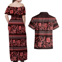 Azerbaijan Couples Matching Off Shoulder Maxi Dress and Hawaiian Shirt Traditional Pattern Ornament With Flowers Buta Red LT9 - Wonder Print Shop