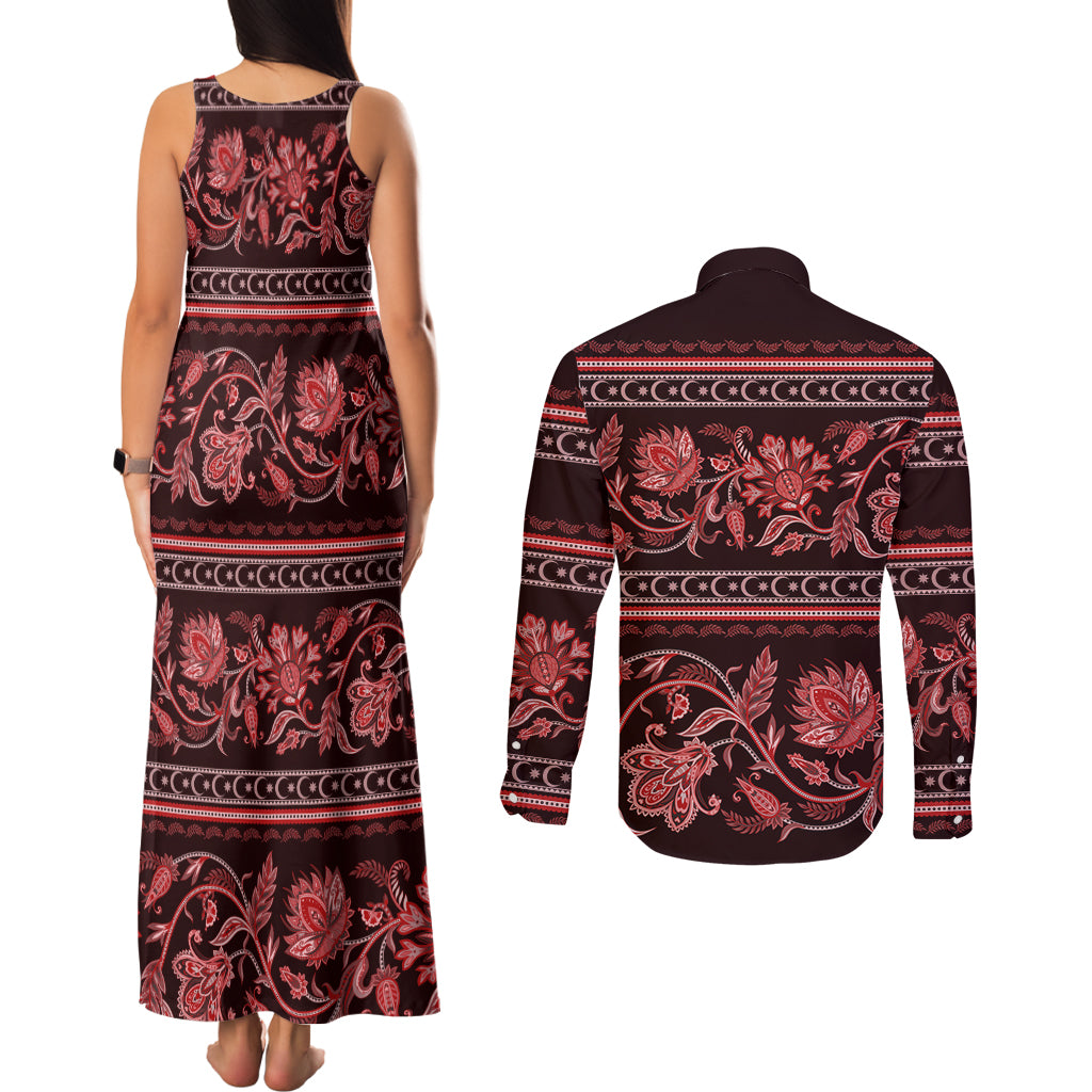 Azerbaijan Couples Matching Tank Maxi Dress and Long Sleeve Button Shirts Traditional Pattern Ornament With Flowers Buta Red LT9 - Wonder Print Shop