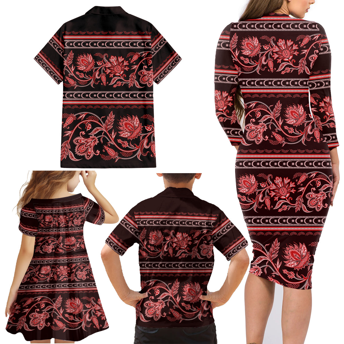 Azerbaijan Family Matching Long Sleeve Bodycon Dress and Hawaiian Shirt Traditional Pattern Ornament With Flowers Buta Red LT9 - Wonder Print Shop