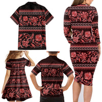 Azerbaijan Family Matching Long Sleeve Bodycon Dress and Hawaiian Shirt Traditional Pattern Ornament With Flowers Buta Red LT9 - Wonder Print Shop