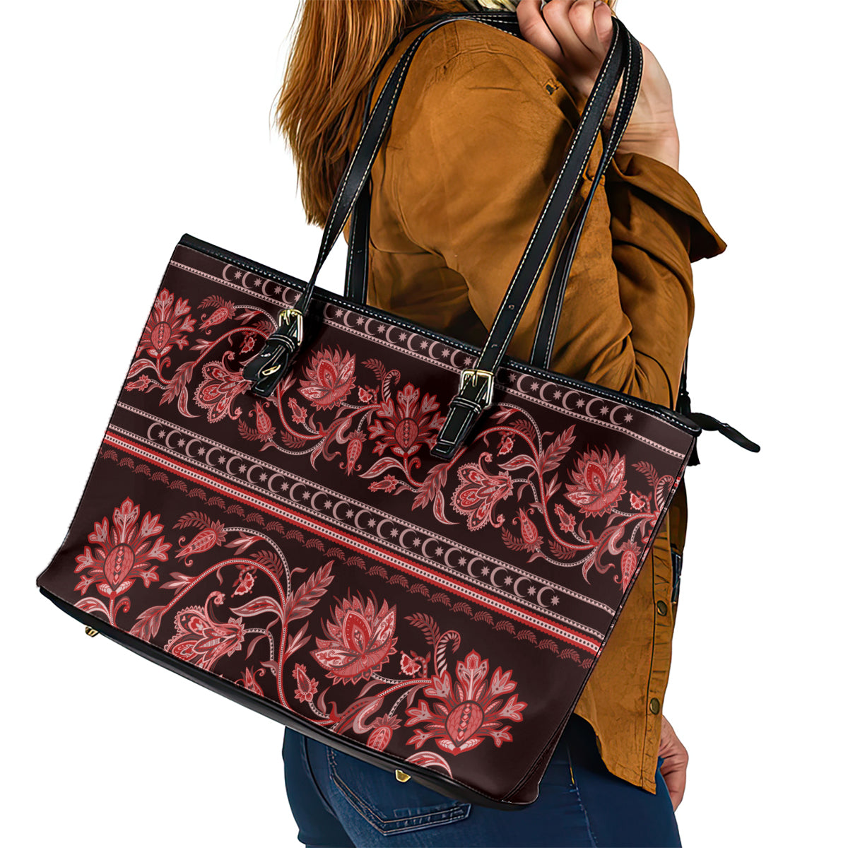 Azerbaijan Leather Tote Bag Traditional Pattern Ornament With Flowers Buta Red - Wonder Print Shop