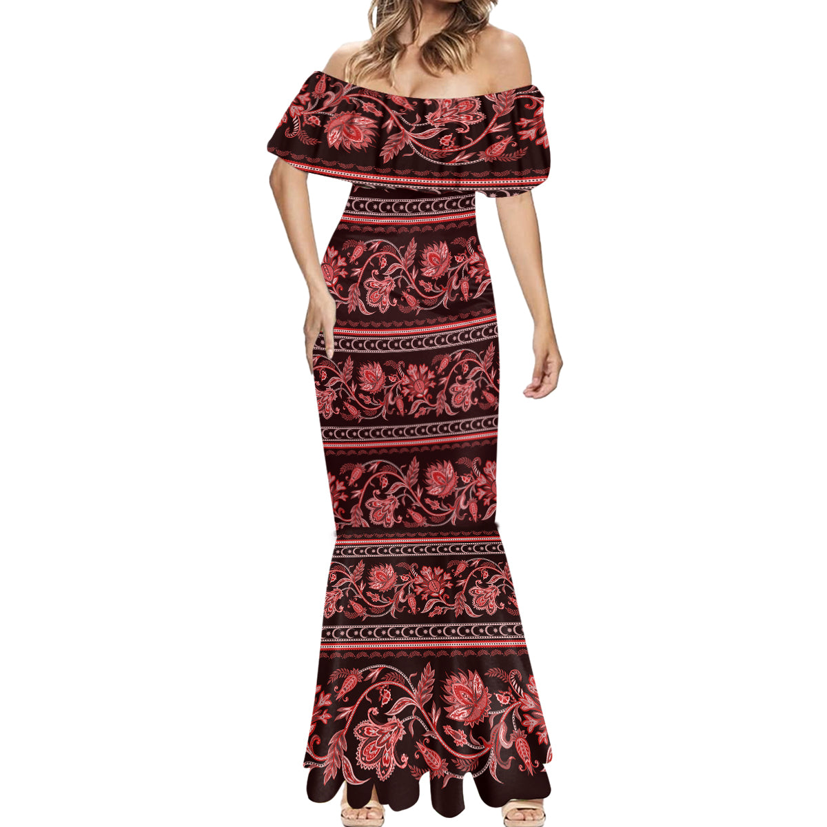 Azerbaijan Mermaid Dress Traditional Pattern Ornament With Flowers Buta Red - Wonder Print Shop