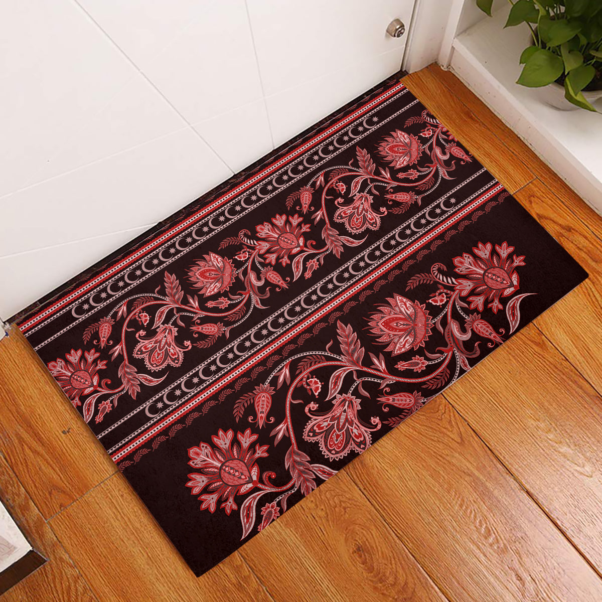 Azerbaijan Rubber Doormat Traditional Pattern Ornament With Flowers Buta Red - Wonder Print Shop