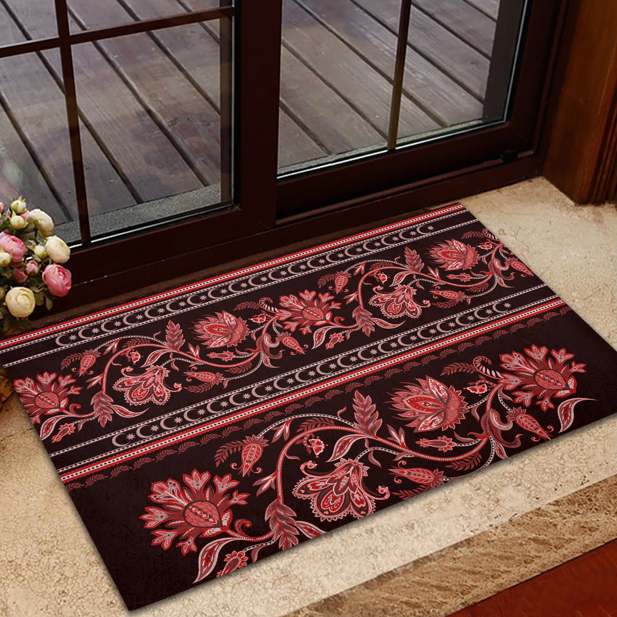 Azerbaijan Rubber Doormat Traditional Pattern Ornament With Flowers Buta Red - Wonder Print Shop