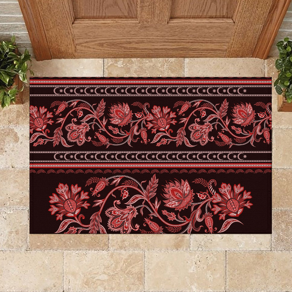 Azerbaijan Rubber Doormat Traditional Pattern Ornament With Flowers Buta Red - Wonder Print Shop