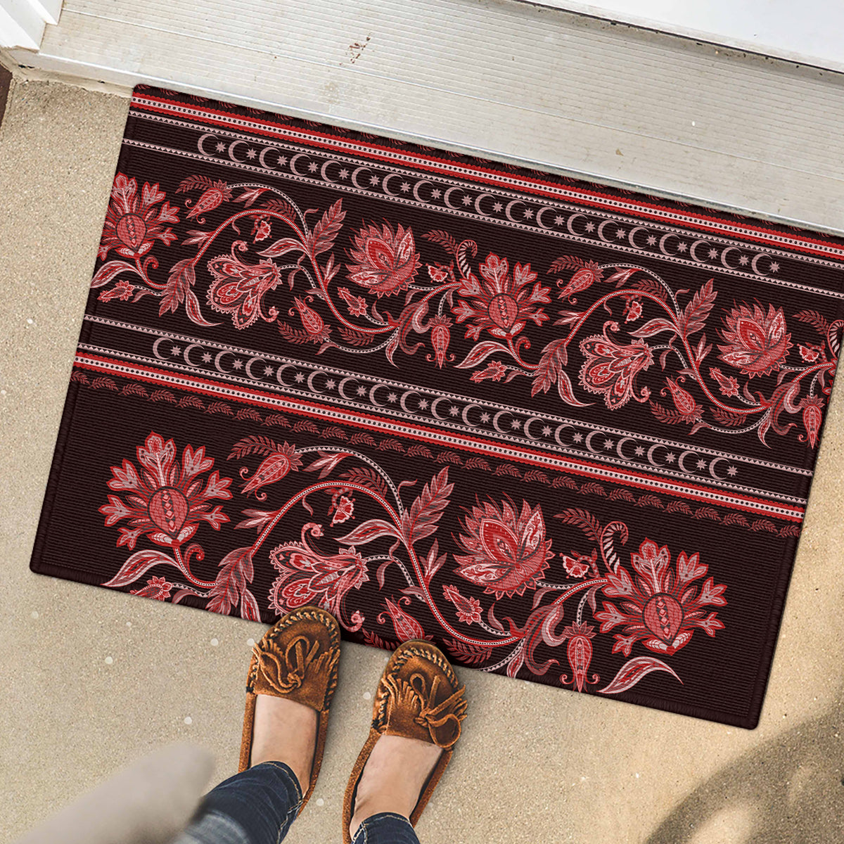 Azerbaijan Rubber Doormat Traditional Pattern Ornament With Flowers Buta Red - Wonder Print Shop
