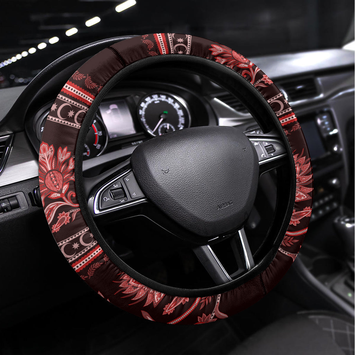 Azerbaijan Steering Wheel Cover Traditional Pattern Ornament With Flowers Buta Red - Wonder Print Shop