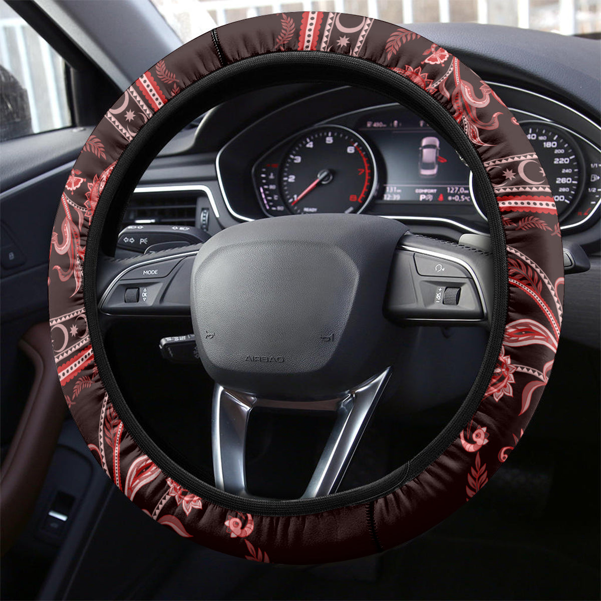 Azerbaijan Steering Wheel Cover Traditional Pattern Ornament With Flowers Buta Red - Wonder Print Shop