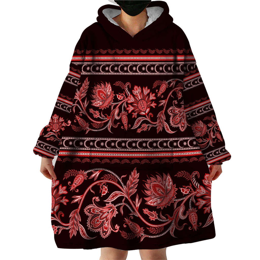 Azerbaijan Wearable Blanket Hoodie Traditional Pattern Ornament With Flowers Buta Red - Wonder Print Shop